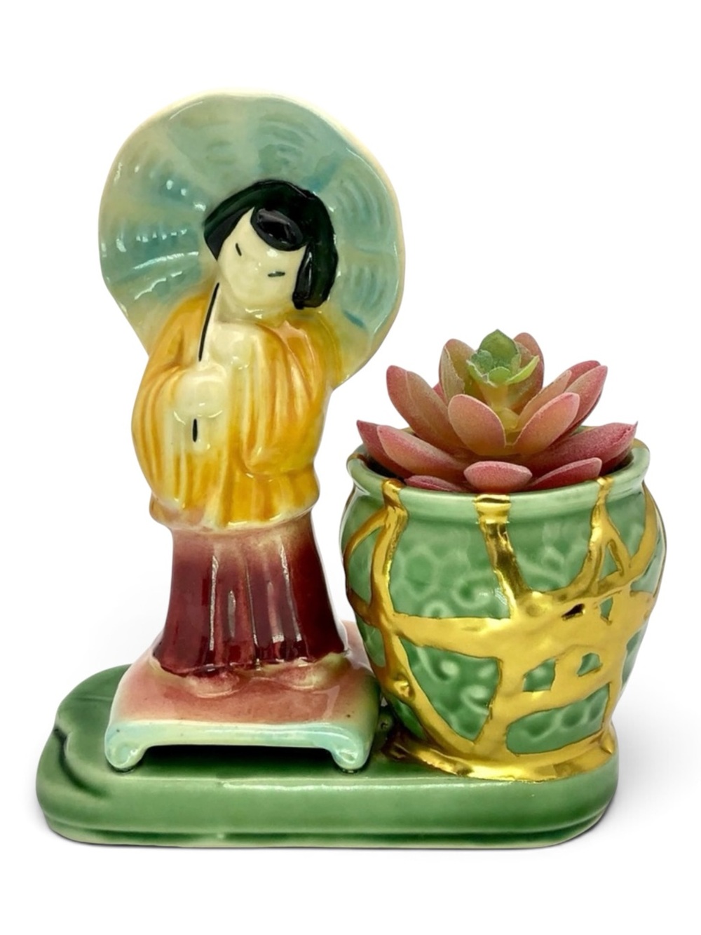Kintsugi Planter Shawnee USA Asian Girl Gold Crack Personal Growth Gift Vtg MCM